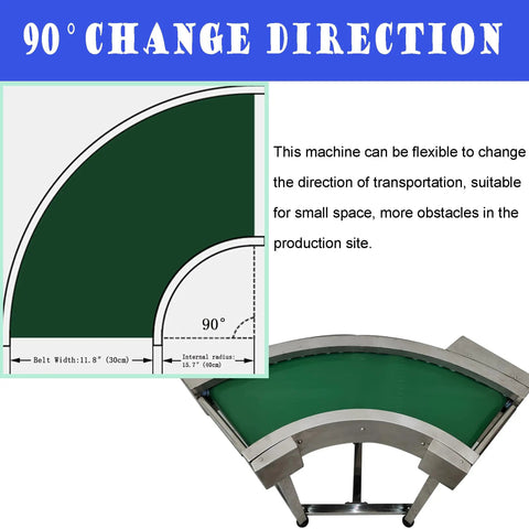 90 Degree Turn Conveyor With Flat And Curved Layout PVC Belt Stainless Steel Frame Adjustable Speed Control 11.8 Inch Wide Belt
