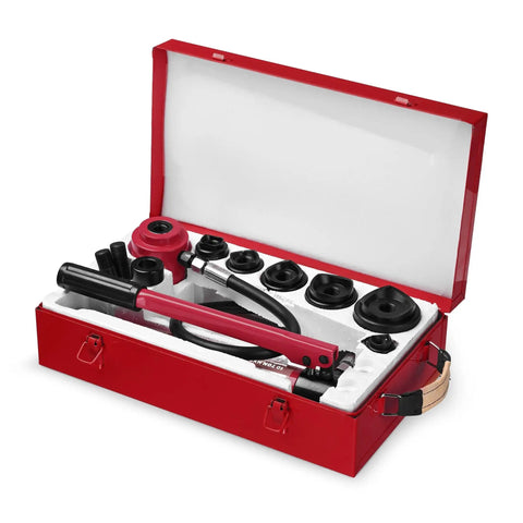 Heavy Duty 10 Ton Hydraulic Knockout Punch Set Rugged Pro Workhorse Handles Half To Two Inch Conduit And Sheet Metal Slick Jobsite Ready Die Kit With Quick Swap Draw Studs