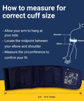 Blood pressure cuff UA-767FAC by A&D Medical with wide 8.6–16.5 in range, navy fabric on blue/yellow background