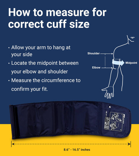 Blood pressure cuff UA-767FAC by A&D Medical with wide 8.6–16.5 in range, navy fabric on blue/yellow background