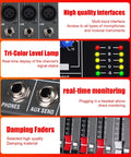 Close-up of GX12 12 Channel Pro Mixer Console features: interfaces, level lamp, monitoring, damping faders on display panel