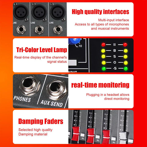 Close-up of GX12 12 Channel Pro Mixer Console features: interfaces, level lamp, monitoring, damping faders on display panel