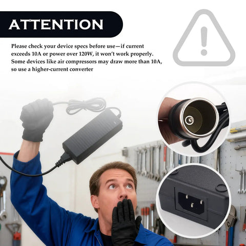 Straight Out The Outlet To Ride Ready Power This Heavy Duty Three Pin AC To DC Converter with warning message for safe use.