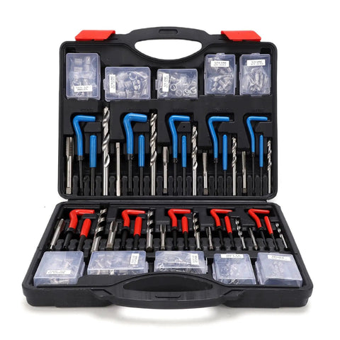 Open case displaying 261 Piece Heavy Duty Thread Repair Kit with Steel Inserts, Drill Bits, Taps and Gauges for Auto Engine Repair