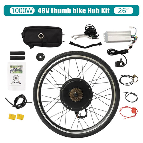 26 Inch 48V 1000W Rear Wheel Hub Motor Electric Bike Conversion Kit laid out, showing components, wheel, and wiring.