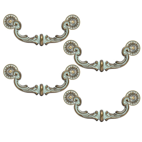 Four Piece 6 Inch Center Hole Pull Handles Set in zinc alloy, vintage drop down bail swing dresser pulls for kitchen cabinets and furniture.