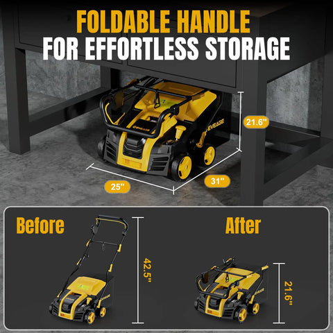 Electric Dethatcher And Scarifier 2 In 1 16 Inch Wide Rake folded for compact storage under table