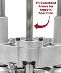 Close-up of Rout-R-Lift 3 5XT Router Lift System with heavy-duty aluminum and phenolic top plate showing threaded rod for smooth adjustment.