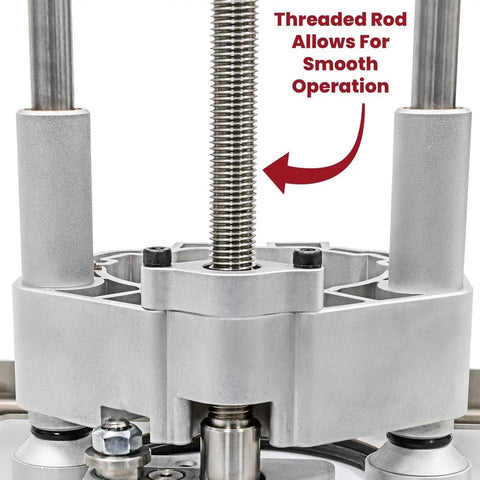 Close-up of Rout-R-Lift 3 5XT Router Lift System with heavy-duty aluminum and phenolic top plate showing threaded rod for smooth adjustment.