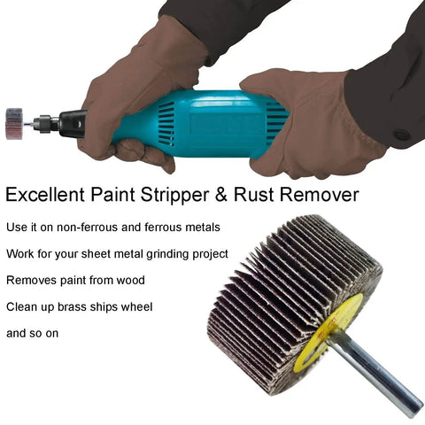 Flap Wheels Set Of Twelve, Two Inch By One Inch By Quarter Inch, Aluminum Oxide, Pro Grade For Rust Removal And Weld Burrs, Three Of Each Grit Forty Sixty Eighty One Twenty, Quarter Inch Shank Fits All Drills shown in use with blue drill