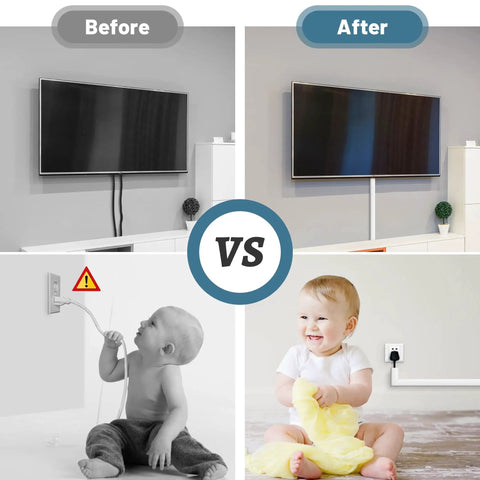Ultimate Cord Concealer Kit For Wall Mounted TV Cables 9 Pack 17 Inch Each 153 Inch Total White Paintable Wire Covers Channel Easy Install For Living Room Home Office Entertainment Setup showing before and after with TV cables concealed and child safety.