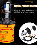 Portable Air Grease Pump With 50 To 1 Pressure Ratio For 5 Gallon Buckets shown with components and yellow bucket