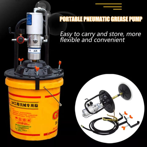 Portable Air Grease Pump With 50 To 1 Pressure Ratio For 5 Gallon Buckets shown with components and yellow bucket