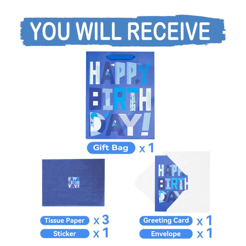 Blue Large Gift Bags Set With Greeting Card And Tissue Paper For Birthday Bash Parties 13 Inch Size Ideal For Men Dads Grandpas Boys Baby Boy Gift Wrapping Kit with shown components including gift bag, tissue paper, greeting card, and envelope.