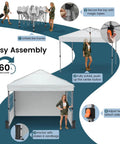 Instruction steps for setting up the 10x10 ft Pop Up Canopy Tent with Sidewalls, showing frame unfolding, height adjustment, and secure anchoring.