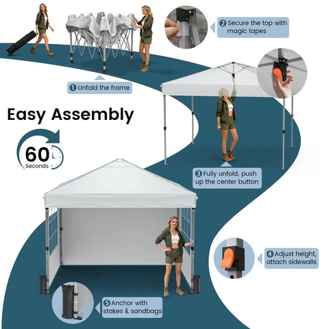 Instruction steps for setting up the 10x10 ft Pop Up Canopy Tent with Sidewalls, showing frame unfolding, height adjustment, and secure anchoring.