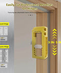 Pro Grade Door Hinge Mortise Jig Kit with Self-Centering Drill Bits in use on wooden door, showing adjustment range and hinge types.