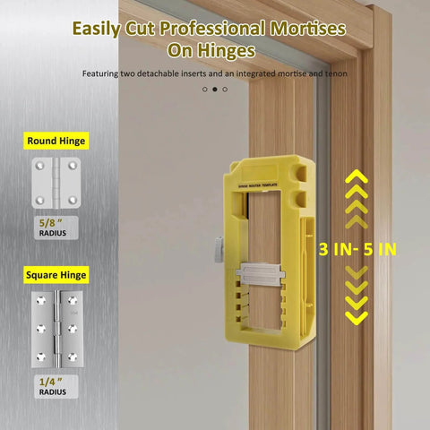 Pro Grade Door Hinge Mortise Jig Kit with Self-Centering Drill Bits in use on wooden door, showing adjustment range and hinge types.