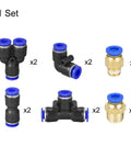 Set of fittings for Blue PU Air Hose Tube For Compressors 4mm ID By 6mm OD 10 Meter Length with various connectors.