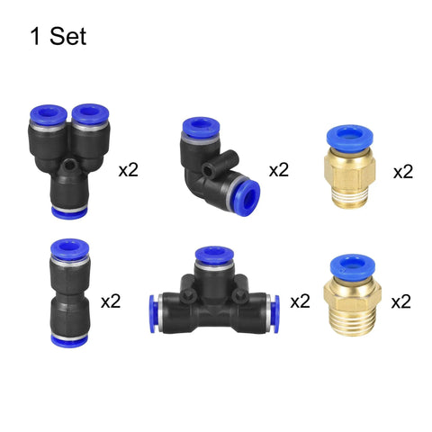 Set of fittings for Blue PU Air Hose Tube For Compressors 4mm ID By 6mm OD 10 Meter Length with various connectors.