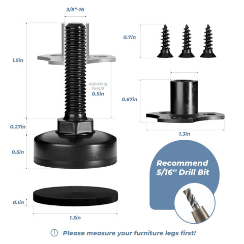 Detailed view of Four Pack Three Eighths Inch Thread Furniture Leveling Feet With T Nuts, dimensional guide and recommended drill bit.