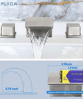 Eight Inch Widespread Tub Filler Faucet With Waterfall Spout Dual Handles High Flow Bath Mixer Dope Modern Look Solid Brass Construction Brushed Nickel Finish Three Hole Installation For Modern Bathroom shown with water flow and size comparison.