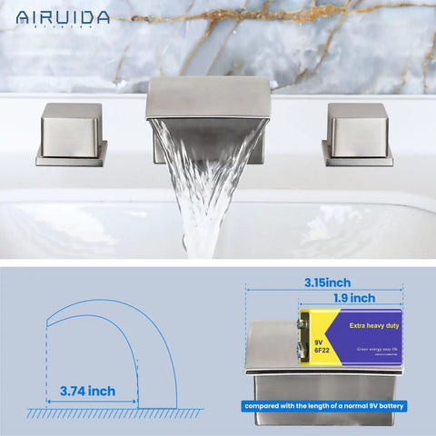 Eight Inch Widespread Tub Filler Faucet With Waterfall Spout Dual Handles High Flow Bath Mixer Dope Modern Look Solid Brass Construction Brushed Nickel Finish Three Hole Installation For Modern Bathroom shown with water flow and size comparison.