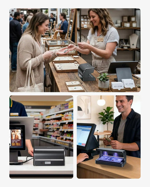 Counterfeit Bill Detector With Dual UV LED Lights For All Currencies And ID Verification used by cashiers and vendors.