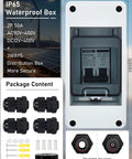 Beefy IP65 DIN Box Solar Circuit Breaker, 50 Amp Two Pole Disconnect, 12V-400V, shown with package contents and specifications.