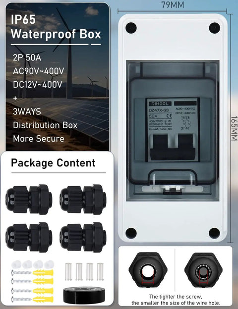 Beefy IP65 DIN Box Solar Circuit Breaker, 50 Amp Two Pole Disconnect, 12V-400V, shown with package contents and specifications.