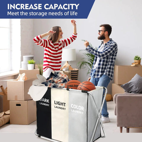 180L Huge Laundry Basket Freestanding Collapsible Hamper With Easy Grab Handles shown in living space with people organizing.