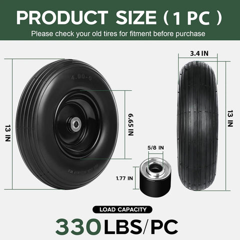 13 Inch Solid Flat Free Replacement Tire And Wheel 4.00-6 With Five Eighth Inch Axle Bore for carts, 330 lbs capacity, dimensions labeled