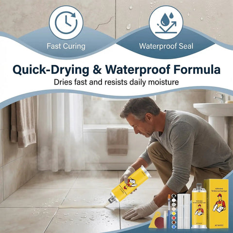 Man using All-In-One Tile Repair Kit For Cracks And Chips, Quick-Drying Glue With Color-Matching Paste, indoor tile repair