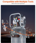 13 Gallon Air Compressor With 2 HP Motor And Oil Free Tank shown with tool attachments for tire inflation, woodworking, auto repairs.