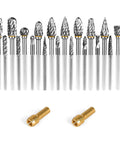 20-piece tungsten carbide burr set with 1/8 in shank and two gold collets, front view