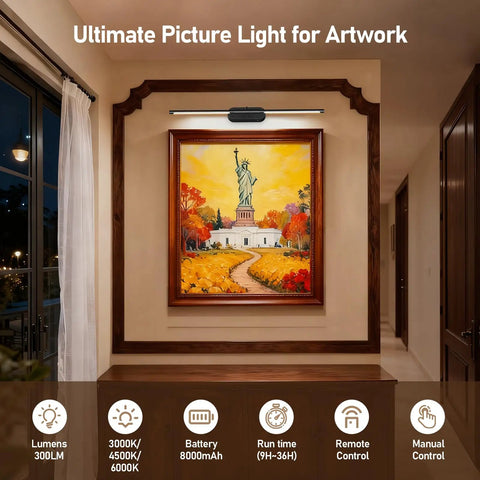 Twenty Four Inch Wireless Picture Light For Wall Rechargeable Art Lamp With Remote 8000 Mah Battery Pack three-tone settings above framed artwork