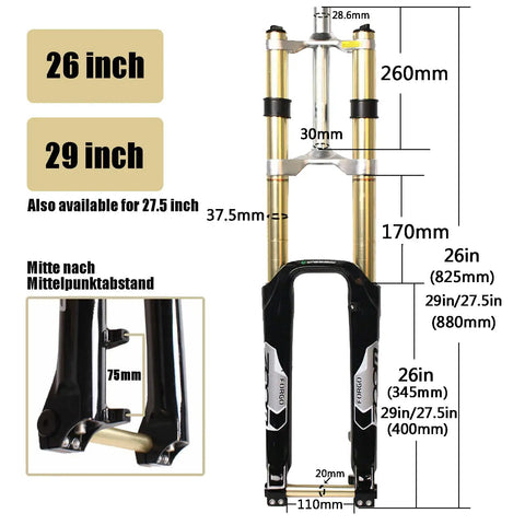 Diagram of Beefy 26 Inch Mountain Bike Suspension Fork With 180 Mm Travel Magnesium Alloy Downhill Fork dimensions and features