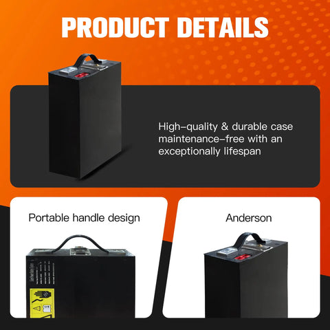 High Capacity 48V Lithium Pallet Jack Battery Compatible With Mboifea Electric Carts with a portable handle and durable case.