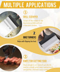 Heavy Duty Stainless Steel Griddle Scraper With Five Inch Handle For Outdoor Grills And Flat Top Cleaning Durable BBQ Scraper Tool For Sturdy Kitchen And Grill Accessories shown in multiple applications: scraping grill, flipping food, cutting.