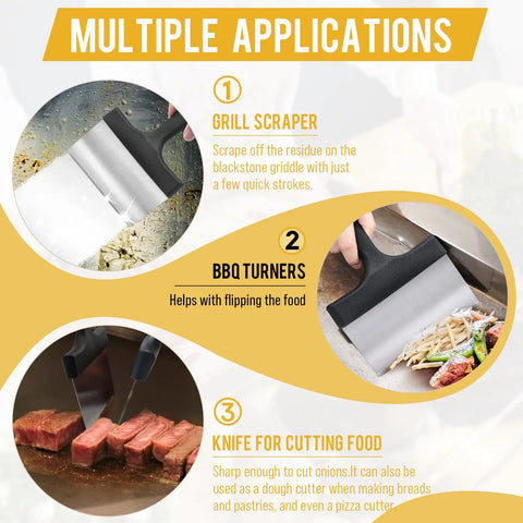 Heavy Duty Stainless Steel Griddle Scraper With Five Inch Handle For Outdoor Grills And Flat Top Cleaning Durable BBQ Scraper Tool For Sturdy Kitchen And Grill Accessories shown in multiple applications: scraping grill, flipping food, cutting.