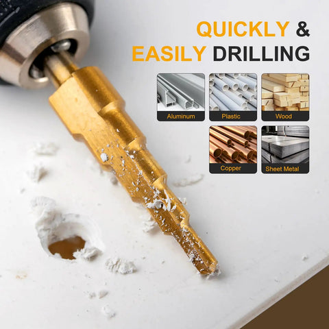 Step Drill Bit Set Three Piece HSS Titanium Coated High Speed Steel Bits With Twenty Eight Sizes drilling into wood surface
