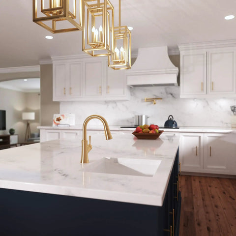 hansgrohe Joleena Pull Down Kitchen Faucet, Transitional, Magnetic Hand Sprayer, 1-Handle, 1.75 GPM, Brushed Bronze on modern kitchen island