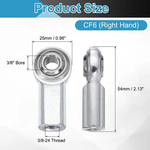 Set Of Four CF6 Rod End Bearings 3/8 Inch Bore 3/8-24 Right Hand Female Thread Self Lubricating Joint With Jam Nuts Chrome Steel Built Tough For Heavy Duty Load Handling And Smooth Pivot. front and side view with 3/8 bore and 3/8-24 thread