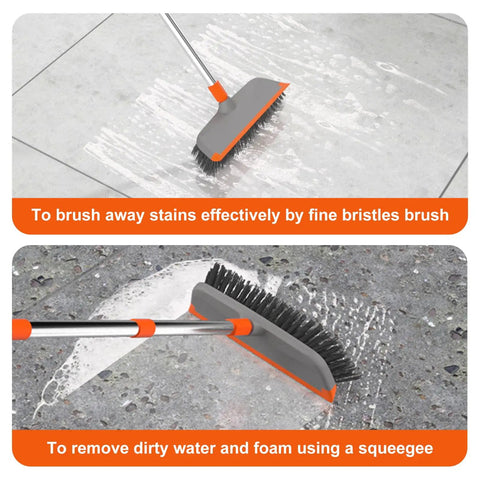 Long Handle Deck Scrub Brush With Squeegee 2 In 1 Heavy Duty Floor Cleaning Scrubber With Stiff Bristles For Garage Concrete Tile Patio Outdoor Porch Indoor Kitchen Shower Bathroom in use on tiled and concrete surfaces