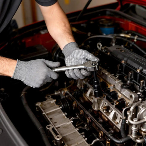Mechanic using 96 Piece 3/8 Inch Drive Impact Socket Set with wrench on car engine, showcasing CR-V steel socket in action