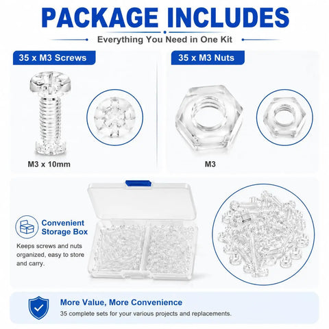 Dope Transparent M4x12mm Acrylic Screws With Matching Hex Nuts Kit No Sweat Assembly Sweet For DIY Model Building Display Cases Straight Up Quality Bangin 35 Piece Hardware Set including 35 clear screws and nuts.