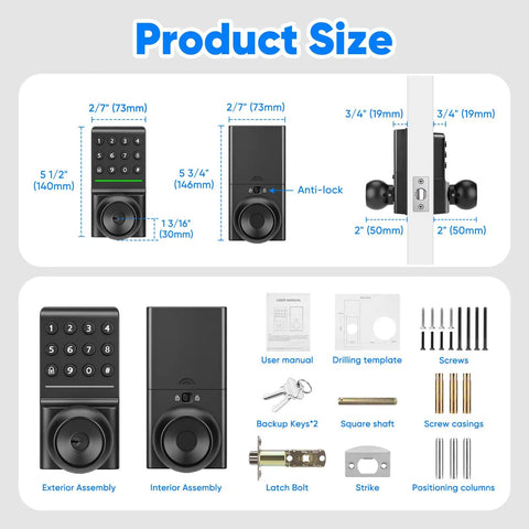 Game Changer Keyless Entry Deadbolt Door Lock with Sleek Knobs Supports Password and Physical Key Unlocks Zero App Required product size diagram showing measurements and components