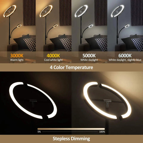 Split Floor Lamp With Reading Light Rotatable Dual Heads LED Standing Lamp Stepless Dimming 3000K-6000K Color Temperature Touch Or Remote Control Great For Living Room Bedroom Office Black