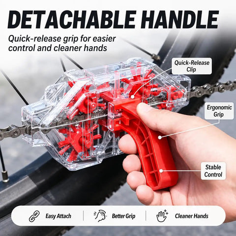 Easy To Use Bike Chain Cleaner Tool With Transparent Design For Real Time Cleaning And A Quick Release Handle In Use