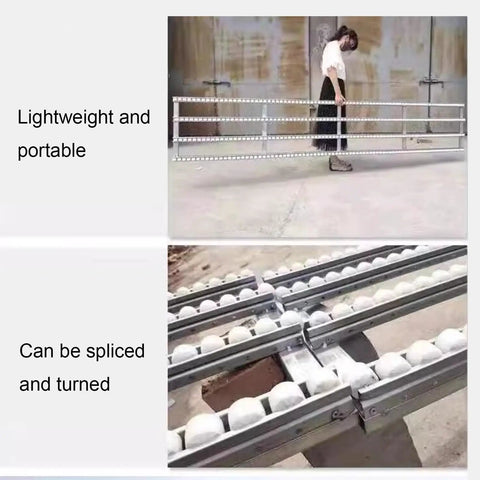 Light Duty Roller Skate Slide Track For Beverage Barrel Transport With Abs Plastic Rollers And Light Stainless Steel Frame, showing portability and splicing detail.